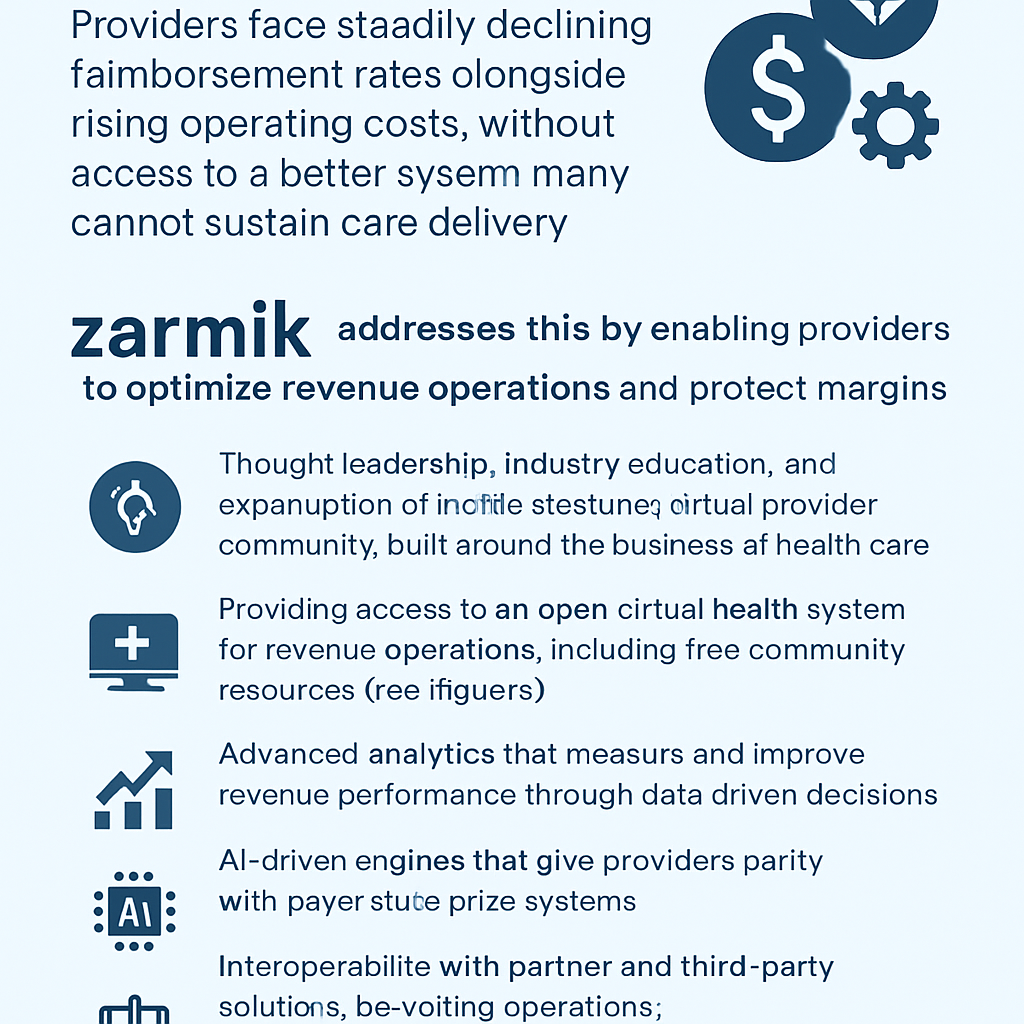 Create infographics for the following As the saying goes no margin no mission Providers face steadily declining reimbursement rates alongside rising operating costs Without access to a better system many cannot sustain care deliveryZarmik addresses t
