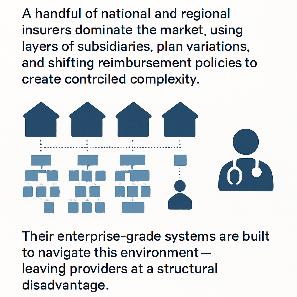 Create infographics for the following In contrast the payer landscape is concentrated A handful of national and regional insurers dominate the market using layers of subsidiaries plan variations and shifting reimbursement policies to create controlle-1