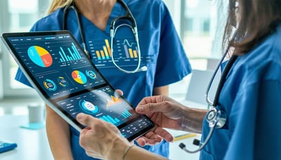 Healthcare professionals using revenue-cycle management software on digital devices Healthcare professionals using revenue-cycle management software on digital devices
